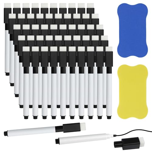 TEXIJUSO 50 Stück Whiteboard Marker mit 2pcs Schwamm, Abwischbar Magnetisch Stifte Schwarz, Filzstift Radierbar White Board Dry Erase Tafelstifte für Lehrerbedarf Klassenzimmer Kühlschrank von TEXIJUSO