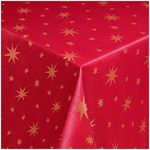 Tischdecke Maßanfertigung Weihnachtstischdecke im Lurex Sterne Design mit Saum, Rund in Rot-Gold - 160 cm, weitere Farben und Größen sind wählbar von TEXMAXX