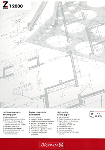 Hochtransparentes Zeichenpapier/Entwurfblock "BRUNNEN - ZANDERS T 2000" A4-60 g/m2-25 Blatt (21 x 29,7 cm) von TEXTIMO