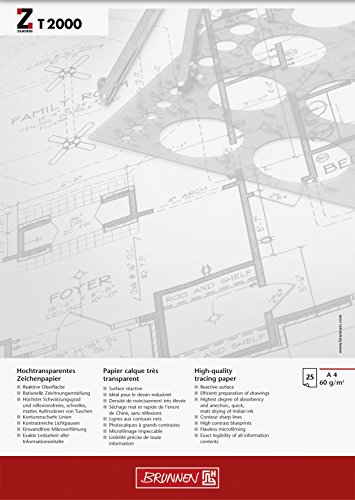 Hochtransparentes Zeichenpapier/Entwurfblock "BRUNNEN - ZANDERS T 2000" A3-70 g/m2-25 Blatt (29,7 x 42,0 cm) von TEXTIMO