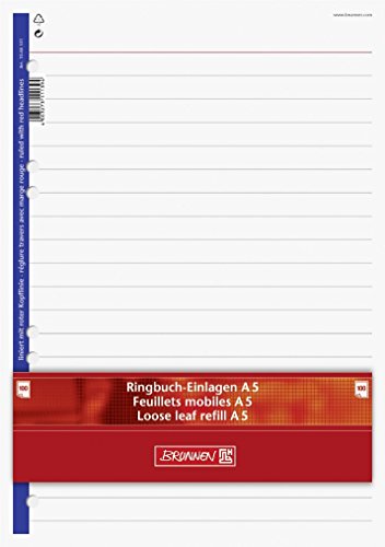 Ringbuch - Einlagen/Papier BRUNNEN 50 Blatt - liniert mit roter Kopflinie - A5 (14,8 x 21,0 cm) von TEXTIMO