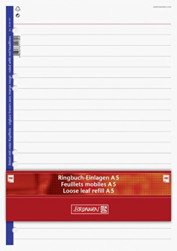 Ringbuch - Einlagen/Papier "BRUNNEN" 50 Blatt - liniert mit roter Kopflinie - A5 (14,8 x 21,0 cm) von TEXTIMO
