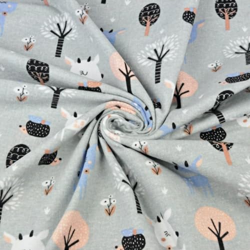Textrend - Flanellstoff - Muster - antiallergisch - Textil 1x1,60m - Meterware - Schneidern (Rehwild mit Bäumen auf grauem Hintergrund) von TEXTREND