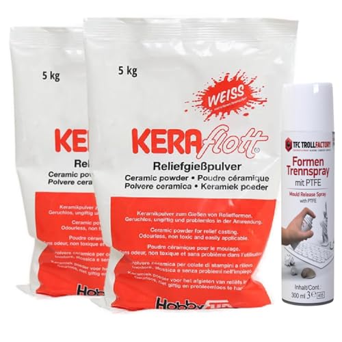 TFC Troll Factory Keraflott 10kg Gießpulver weiß inkl. TFC Trennspray - Reliefgießpulver weiß für kreative Projekte 2 x 5KG - inkl. Trennspray zum einfachen Trennen der Form und des Gießlings von TFC Troll Factory