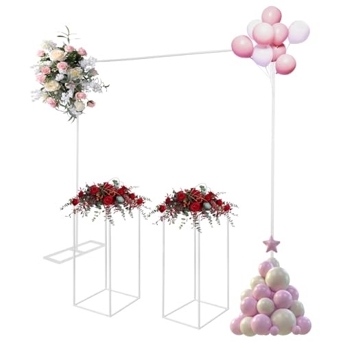 TFIANYNI 2x2M Ballonbogen Ständer Set, Aus Stahl, Mit Flügelmuttern, Quadratischer Hochzeitsbogen Und 2 Blumenständer, Pflanzenständer Für Party Oder Garten (Weiß, blumenständer 27x27x80cm) von TFIANYNI