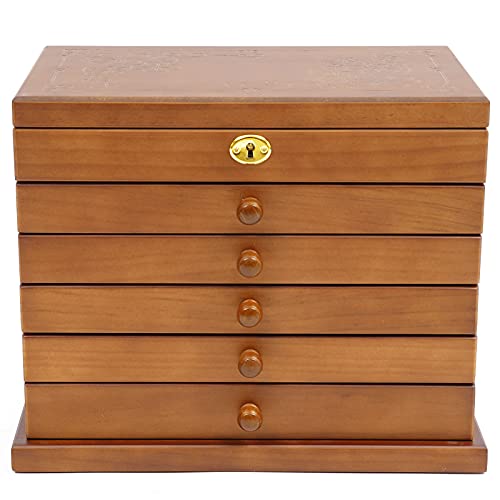 TFIANYNI 6 Lagen Schmuckaufbewahrung Schmuckbox Aus Holz, Rechteckig, Vintage Schmuckkasten Groß Stehend Schmuckschatulle, Geschenk (Braun, Mit Spiegel+Schlüsselschloss) von TFIANYNI