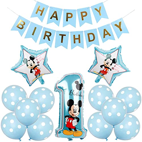 Mickey Luftballons,Geburtstag Dekorationen 1 Jahr Junge,Mickey Themed Party Supplies mit Happy Birthday Banner Folienballons Blau von TFSYLISA