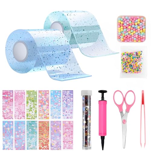 TFSZE 20 Stücke Nano Tape Bubbles Set,2 Tape(5cmx1m)+18 Stiftung Materialpakete,Super Elastische Nano Klebebänder für Stressabbau und Spaß,Elastische Blase Ballons(Blau+Cyan) von TFSZE