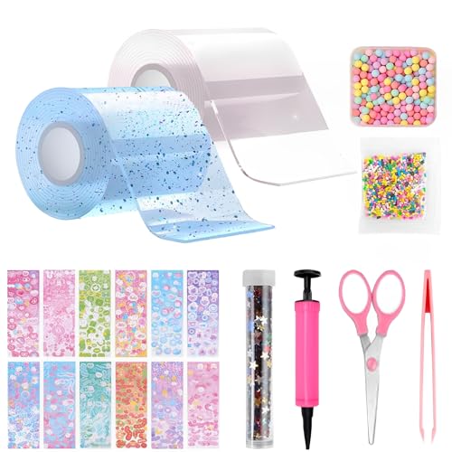 TFSZE 20 Stücke Nano Tape Bubbles Set,2 Tape(5cmx1m)+18 Stiftung Materialpakete,Super Elastische Nano Klebebänder für Stressabbau und Spaß,Elastische Blase Ballons(Transparente+Blau) von TFSZE
