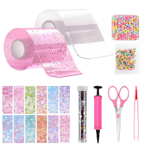 TFSZE 20 Stücke Nano Tape Bubbles Set,2 Tape(5cmx1m)+18 Stiftung Materialpakete,Super Elastische Nano Klebebänder für Stressabbau und Spaß,Elastische Blase Ballons(Transparente+Rosa) von TFSZE