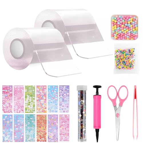 TFSZE 20 Stücke Nano Tape Bubbles Set,2 Tape(5cmx1m)+18 Stiftung Materialpakete,Super Elastische Nano Klebebänder für Stressabbau und Spaß,Elastische Blase Ballons(Transparente×2) von TFSZE