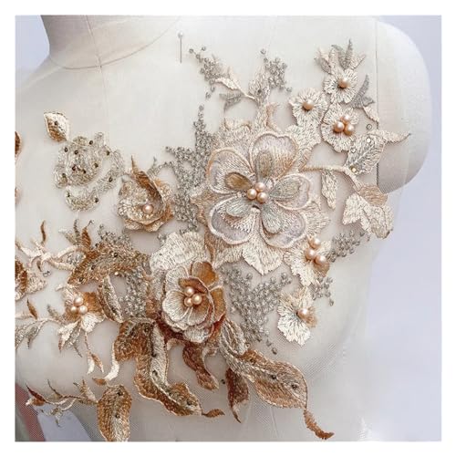 Spitz-Aufkleber, Hochzeit DIY Nähen Auf 3D Blume Perlen Perle Stickerei Spitze Applique Patch Multicolor(Gold) von TGDGFKIAS
