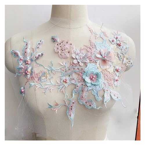 Spitz-Aufkleber, Hochzeit DIY Nähen Auf 3D Blume Perlen Perle Stickerei Spitze Applique Patch Multicolor(Light Blue) von TGDGFKIAS