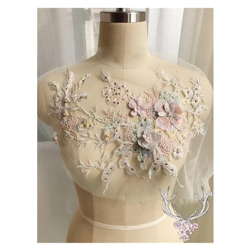Spitz-Aufkleber, Hochzeit DIY Nähen Auf 3D Blume Perlen Perle Stickerei Spitze Applique Patch Multicolor(Light Green) von TGDGFKIAS