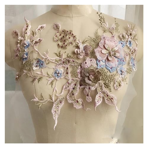 Spitz-Aufkleber, Hochzeit DIY Nähen Auf 3D Blume Perlen Perle Stickerei Spitze Applique Patch Multicolor(Pink Blue) von TGDGFKIAS