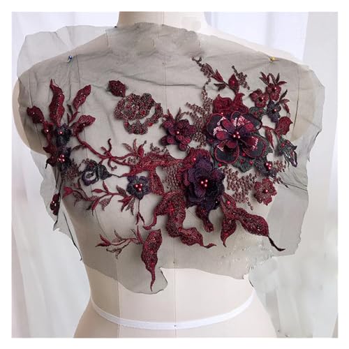 Spitz-Aufkleber, Hochzeit DIY Nähen Auf 3D Blume Perlen Perle Stickerei Spitze Applique Patch Multicolor(Red-1) von TGDGFKIAS