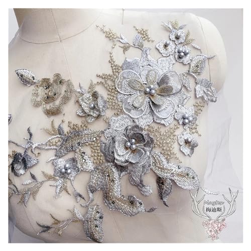 Spitz-Aufkleber, Hochzeit DIY Nähen Auf 3D Blume Perlen Perle Stickerei Spitze Applique Patch Multicolor(Silver) von TGDGFKIAS