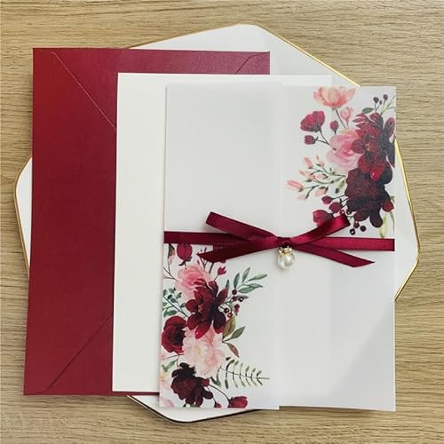 TGDGFKIAS Gefaltete Pergamentjacke, 25 Stück Grün Blush Pink Floral Klar Hochzeitseinladungen mit Umschlägen Sweet 15 Einladungen(Burgundy,Pocket with envelope) von TGDGFKIAS