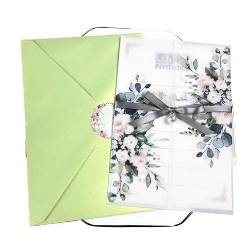 TGDGFKIAS Gefaltete Pergamentjacke, 25 Stück Grün Blush Pink Floral Klar Hochzeitseinladungen mit Umschlägen Sweet 15 Einladungen(Green,Blank set) von TGDGFKIAS