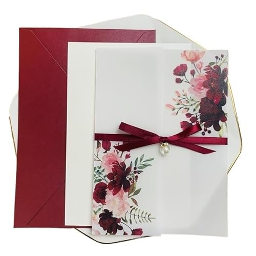 TGDGFKIAS Gefaltete Pergamentjacke, 25 Stück Grün Blush Pink Floral Transparent Hochzeitseinladungen mit Umschlägen Sweet 15 InvitesJackets(Burgundy,Vellum pocket only) von TGDGFKIAS