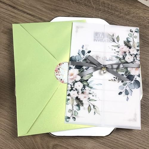 TGDGFKIAS Gefaltete Pergamentjacke, 25 Stück Grün Blush Pink Floral Transparent Hochzeitseinladungen mit Umschlägen Sweet 15 InvitesJackets(Green,Pocket with envelope) von TGDGFKIAS