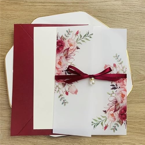 TGDGFKIAS Gefaltete Pergamentjacke, 25 Stück Grün Blush Pink Floral Transparent Hochzeitseinladungen mit Umschlägen Sweet 15 InvitesJackets(Roze,Pocket with diamond) von TGDGFKIAS