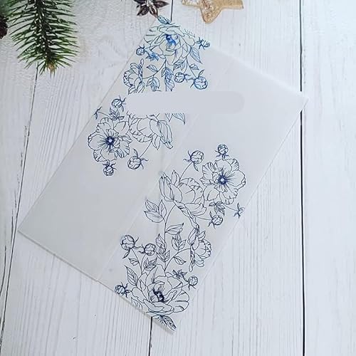 TGDGFKIAS Gefaltete Pergamentjacke, 50 Stück Blumen-Einladungskarten mit glitzerndem Anhänger und Umschlag, Pergamenthülle, bedruckbare Karten(Blue Flower 01,Wrap N Envelope) von TGDGFKIAS