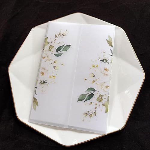 TGDGFKIAS Gefaltete Pergamentjacke, 50 Stück Blumen-Einladungskarten mit glitzerndem Anhänger und Umschlag, Pergamenthülle, bedruckbare Karten(Flower,Print Full Set) von TGDGFKIAS