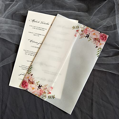 TGDGFKIAS Gefaltete Pergamentjacke, 50 Stück Blumen-Einladungskarten mit glitzerndem Anhänger und Umschlag, Pergamenthülle, bedruckbare Karten(Flower 01,Wrap N Envelope) von TGDGFKIAS