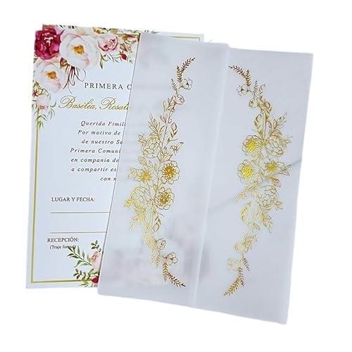 TGDGFKIAS Gefaltete Pergamentjacke, 50 Stück Blumen-Einladungskarten mit glitzerndem Anhänger und Umschlag, Pergamenthülle, bedruckbare Karten(Flower 05,Wrap N Envelope) von TGDGFKIAS