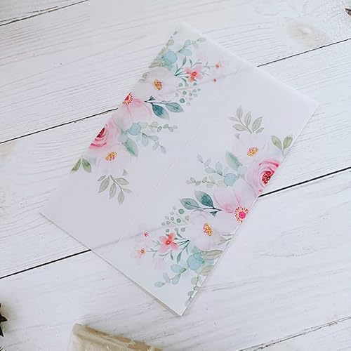 TGDGFKIAS Gefaltete Pergamentjacke, 50 Stück Blumen-Einladungskarten mit glitzerndem Anhänger und Umschlag, Pergamenthülle, bedruckbare Karten(Flower 06,Wrap N Envelope) von TGDGFKIAS