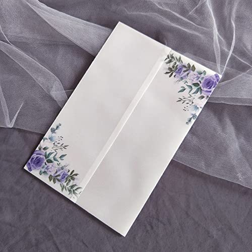 TGDGFKIAS Gefaltete Pergamentjacke, 50 Stück Blumen-Einladungskarten mit glitzerndem Anhänger und Umschlag, Pergamenthülle, bedruckbare Karten(Purple,Wrap N Envelope) von TGDGFKIAS