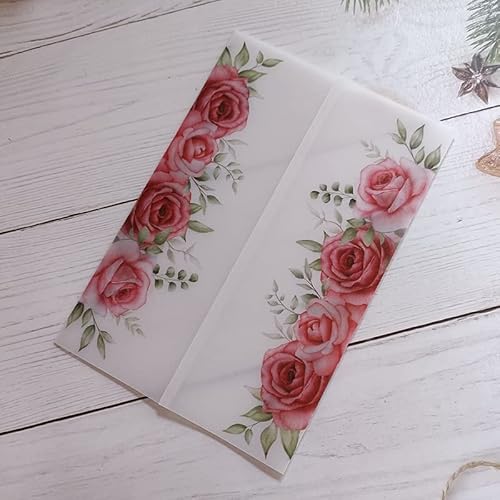 TGDGFKIAS Gefaltete Pergamentjacke, 50 Stück Blumen-Einladungskarten mit glitzerndem Anhänger und Umschlag, Pergamenthülle, bedruckbare Karten(Red Flower 01,Print Full Set) von TGDGFKIAS