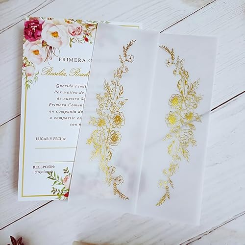 TGDGFKIAS Gefaltete Pergamentjacke, 50 Stück Blumen-Einladungskarten mit glitzerndem Anhänger und Umschlag, Pergamenthülle, bedruckbare Kartenhüllen(Flower 05,Blank Full Set) von TGDGFKIAS