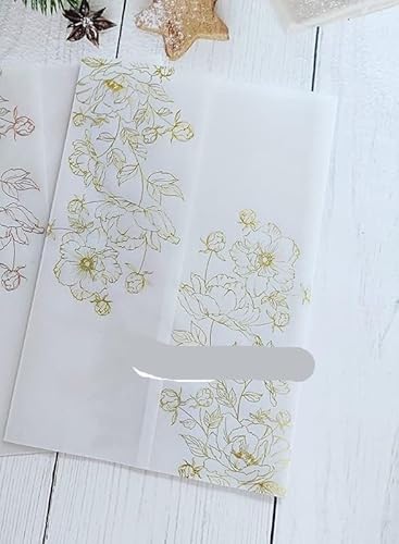 TGDGFKIAS Gefaltete Pergamentjacke, 50 Stück Blumen-Einladungskarten mit glitzerndem Anhänger und Umschlag, Pergamenthülle, bedruckbare Kartenhüllen(Gold Flower,Print Full Set) von TGDGFKIAS