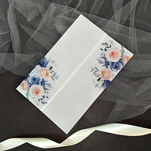 TGDGFKIAS Gefaltete Pergamentjacke, 50 TEIL/LOS Aquarell Blumen Hochzeitseinladungskarte Abdeckung SemiInvites Jacke Wrap(Blue Flower,Wrap N Invitation) von TGDGFKIAS