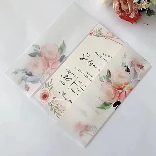 TGDGFKIAS Gefaltete Pergamentjacke, 50 TEIL/LOS Aquarell Blumen Hochzeitseinladungskarte Abdeckung SemiInvites Jacke Wrap(Blush Flower,Just Vellum Wrap) von TGDGFKIAS