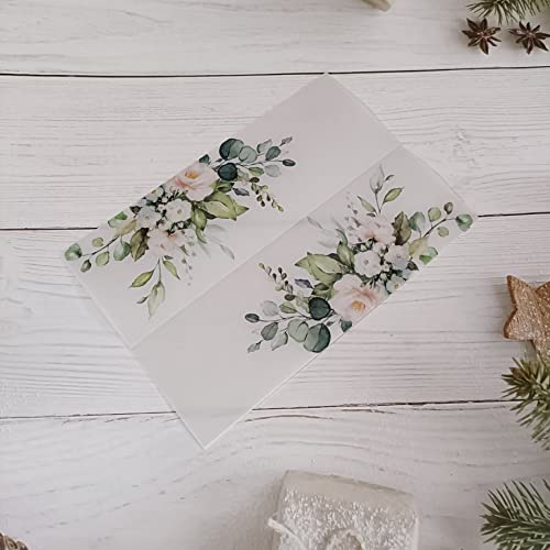 TGDGFKIAS Gefaltete Pergamentjacke, 50 TEIL/LOS Aquarell Blumen Hochzeitseinladungskarte Abdeckung SemiInvites Jacke Wrap(Green Flower,Just Vellum Wrap) von TGDGFKIAS
