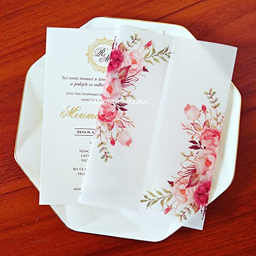 TGDGFKIAS Gefaltete Pergamentjacke, 50 TEIL/LOS Aquarell Blumen Hochzeitseinladungskarte Abdeckung SemiInvites Jacke Wrap(Pink Flower,Just Vellum Wrap) von TGDGFKIAS