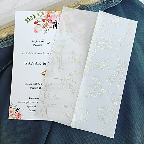 TGDGFKIAS Gefaltete Pergamentjacke, 50 teile/los Aquarell Blumen Grün Hochzeit Einladung Karte Abdeckung SemiInvites Jacke Wrap(Gold Leaves) von TGDGFKIAS
