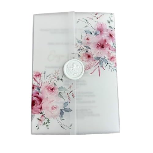 TGDGFKIAS Gefaltete Pergamentjacke, Pergamentpapier mit rosa Blumen, passend for eine Hochzeitseinladung im Format 5 x 7(50pcs) von TGDGFKIAS