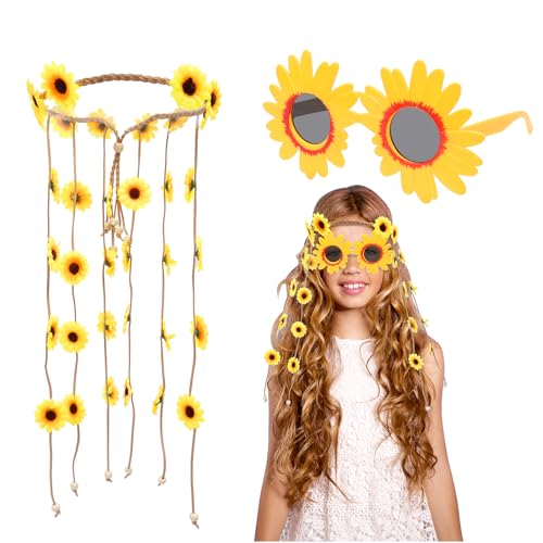 TGFIX 2 Stück Sonnenblumen Sonnenbrille Set Hawaii Party Kostüm Gänseblümchen Brille Blumen Kopfschmuck Pool Party Kostüme für Damen Kinder Mädchen Sommer Strand Karneval Geburtstag von TGFIX