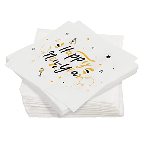 TGFIX 40 Stück Silvester Servietten 2025 Happy New Year Serviette Schwarz Gold Neujahrs Servietten Silvester Papierservietten Tissue für Silvesterparty Deko Tischdekoration (33x33cm) von TGFIX