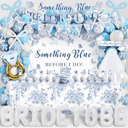Something Blue Before I Do Brautparty-Dekorationen, blaue Junggesellinnenabschied-Dekoration mit kokettem Schleife, Ballonbogen-Set, Blumenhintergrund, Tischdecke, Banner, Girlande, Kuchendekoration von THAWAY