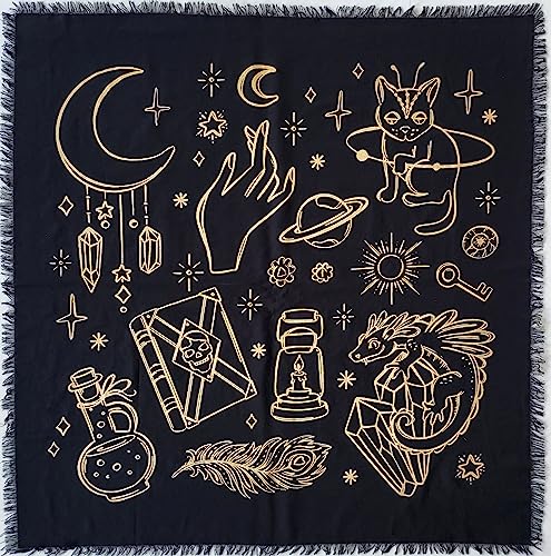 THE ART BOX Altar Cloth Table Napkins Witchcraft Supplies – 61 x 61 cm Tarotkarten Schwarz Gold lver Tischdecke Quadratisch Alter Heidnisch Spirituell Himmlisches Deck Tuch mit Fransen – Multi von THE ART BOX