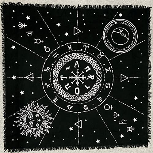 THE ART BOX Altartuch Tarotkarten Servietten Hexereizubehör Schwarzgold Tischdecke Quadratisch spirituelles himmlisches Decktuch mit Fransen, 12 Konstellation, 24X24 Zoll von THE ART BOX