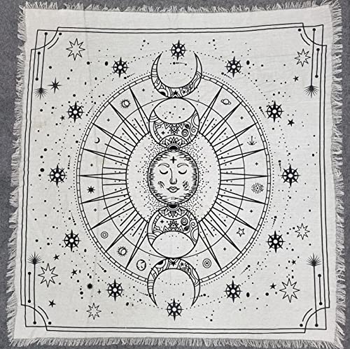 THE ART BOX Altartuch Tarotkarten Tischservietten Hexereibedarf Schwarz Silber Tischdecke Quadratisch Alter Pagan Spirituelles Himmlisches Decktuch mit Fransen, Sonne und Mond, 91x91 cm von THE ART BOX