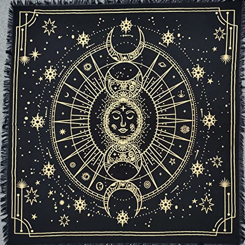 THE ART BOX Altartuch Tarotkarten Tischservietten Hexereibedarf Schwarzgold Tischdecke Quadratisch Alter Pagan Spirituelles Himmlisches Decktuch mit Fransen, Sonne und Mond, 90x90 cm von THE ART BOX