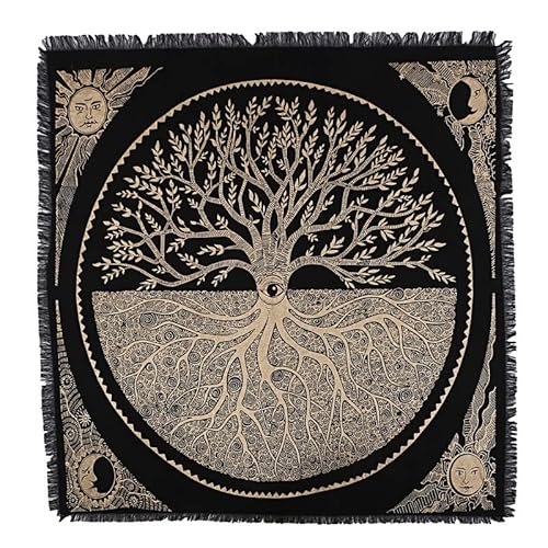 THE ART BOX Altartuch Tarotkarten Tischservietten Hexereizubehör Schwarzgold Tischdecke Quadratisch Alter Pagan Spirituelles Himmlisches Decktuch mit Fransen, Baum des Lebens, 60x60 cm von THE ART BOX