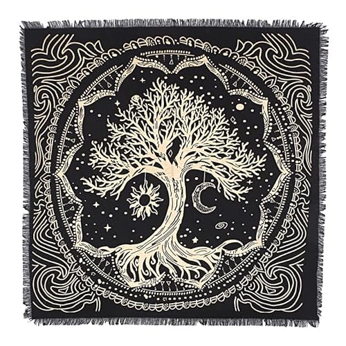 THE ART BOX Altartuch Tarotkarten Tischservietten Hexereizubehör Schwarzgold Tischdecke Quadratisch Alter Pagan Spirituelles Himmlisches Decktuch mit Fransen, Baum des Lebens, 60x60 cm von THE ART BOX